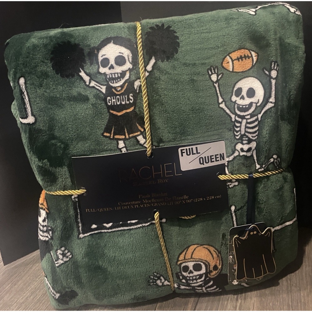 Rachel Roy Halloween Blanket Full Queen Plush Ghouls Skeleton Cheerleader Green